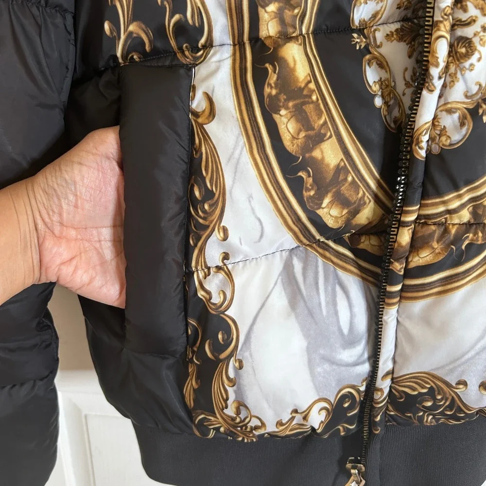 Zara Puffer Jacket Men's Large Black Gold Baroque Print Coat